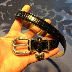 Brighton B10483 Black Heart Charm Crystal Accents Croc Leather Belt M 30
